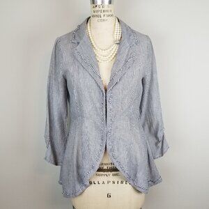 Mystree Fine Blue & White Striped Fitted Blazer Lightweight with Frayed Edges SM